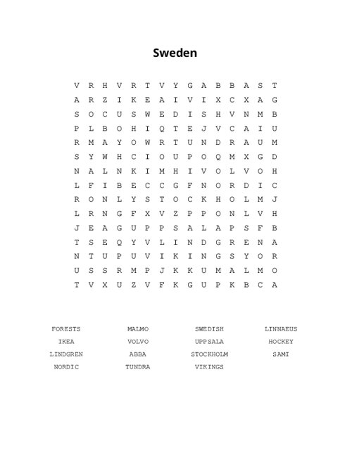 Sweden Word Search Puzzle