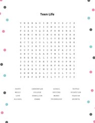 Teen Life Word Search Puzzle