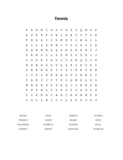 Tennis Word Search Puzzle