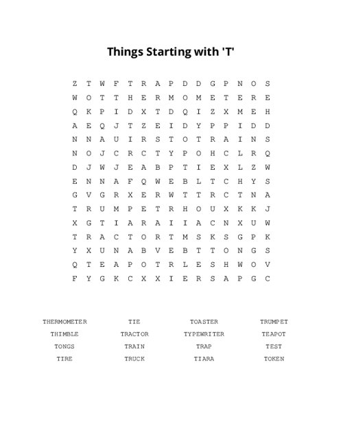 Things Starting with 'T' Word Search Puzzle