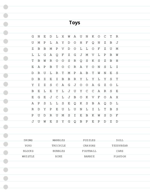 Toys Word Search Puzzle