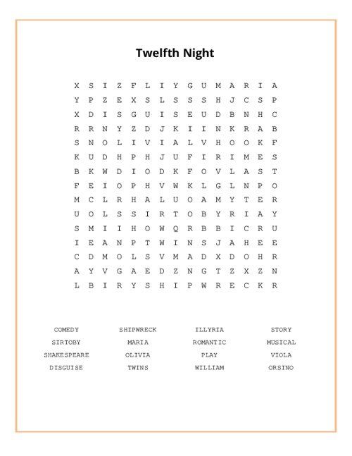 Twelfth Night Word Search Puzzle