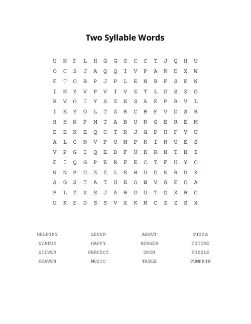 Two Syllable Words Word Search Puzzle