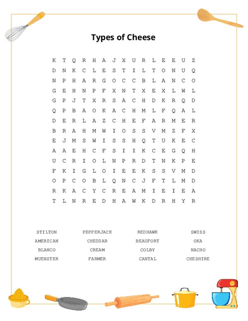Types of Cheese Word Search Puzzle