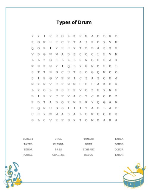 Types of Drum Word Search Puzzle