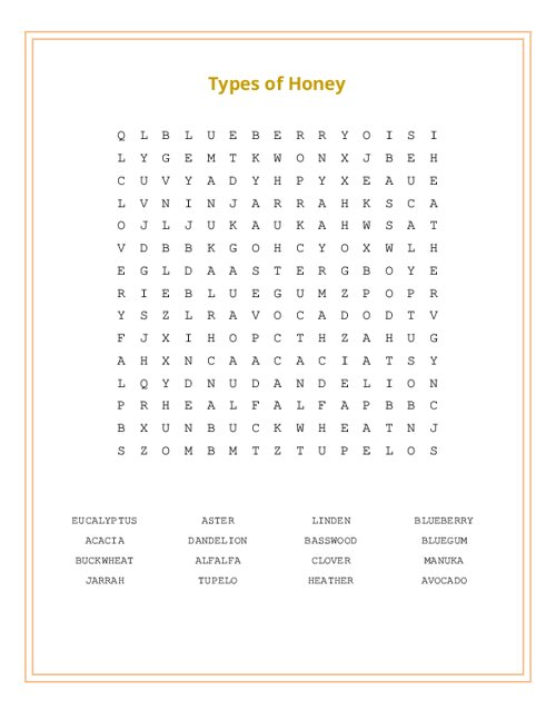 Types of Honey Word Search Puzzle