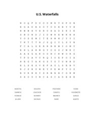 U.S. Waterfalls Word Search Puzzle