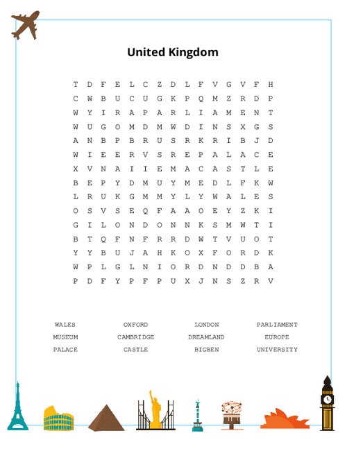 United Kingdom Word Search Puzzle
