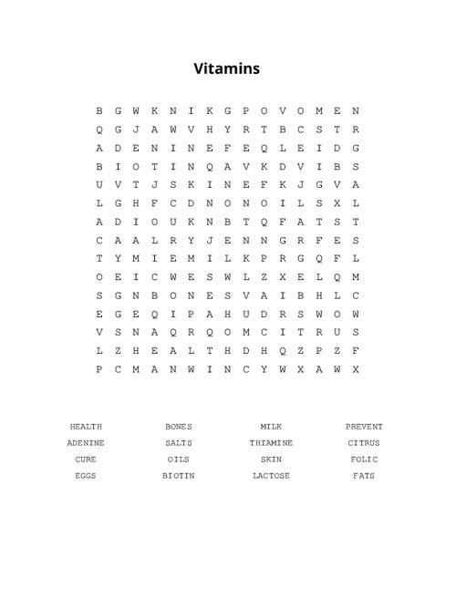 Vitamins Word Search Puzzle