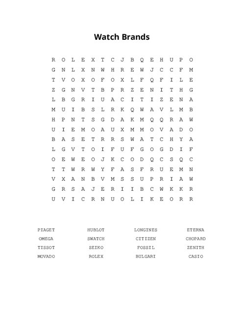 Watch Brands Word Search Puzzle