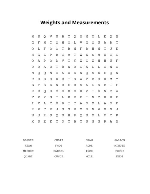 Weights and Measurements Word Search Puzzle