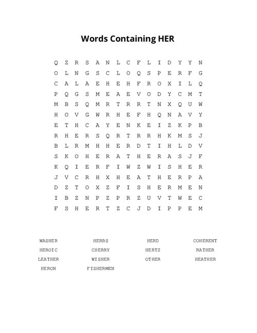 Words Containing HER Word Search Puzzle