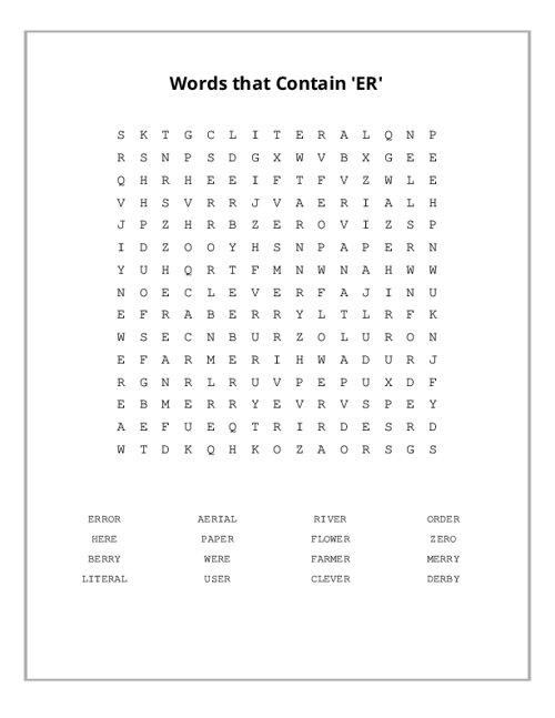 Words that Contain 'ER' Word Search Puzzle