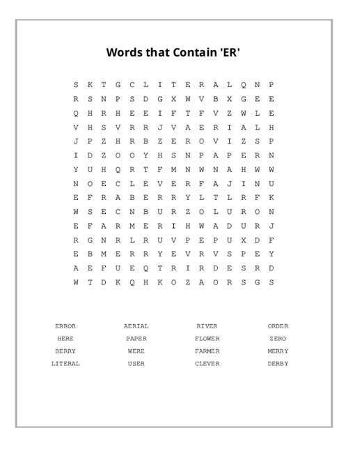 Words That Contain ER Word Search