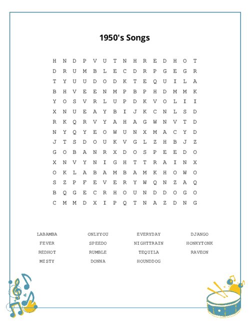1950's Songs Word Search Puzzle