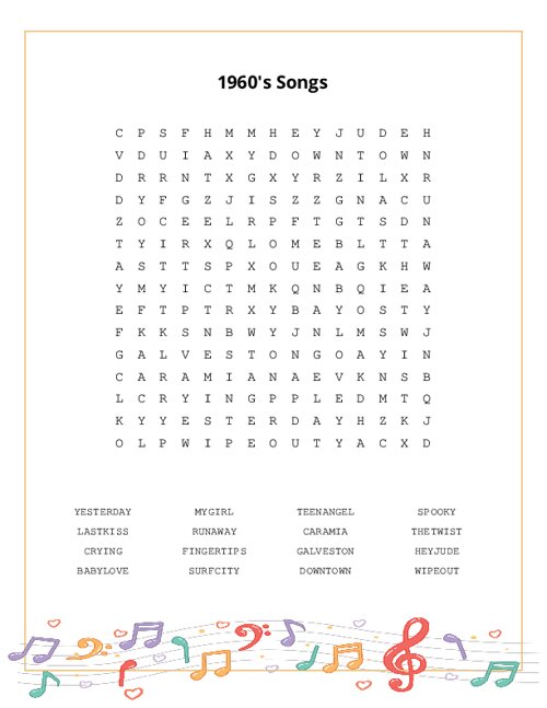 1960's Songs Word Search Puzzle
