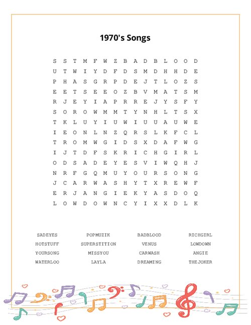 1970's Songs Word Search Puzzle
