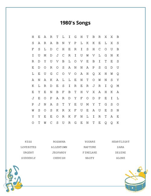 1980's Songs Word Search Puzzle