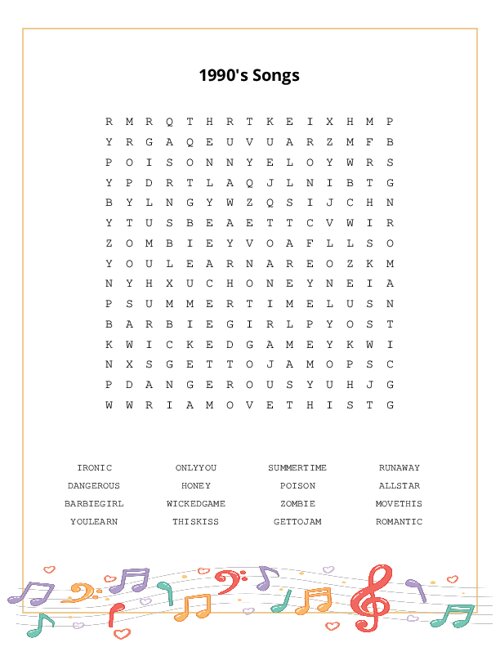 1990's Songs Word Search Puzzle