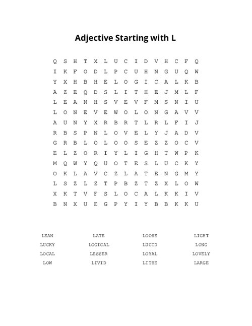 Adjective Starting with L Word Search Puzzle