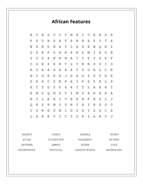 African Features Word Search Puzzle