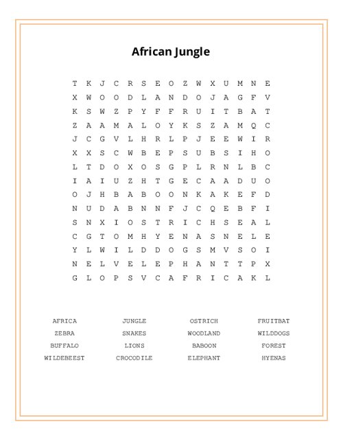 African Jungle Word Search Puzzle