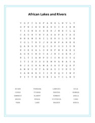 African Lakes and Rivers Word Search Puzzle