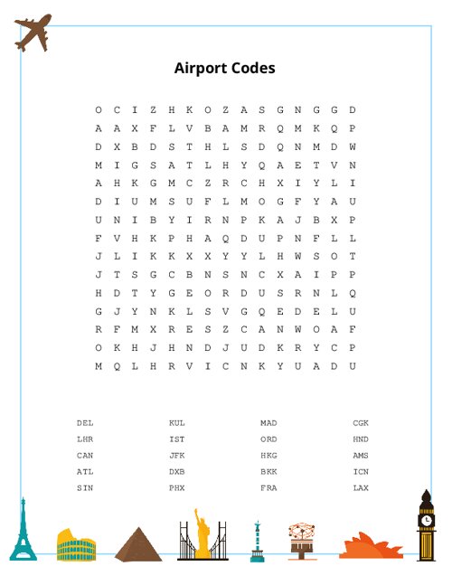 Airport Codes Word Search Puzzle