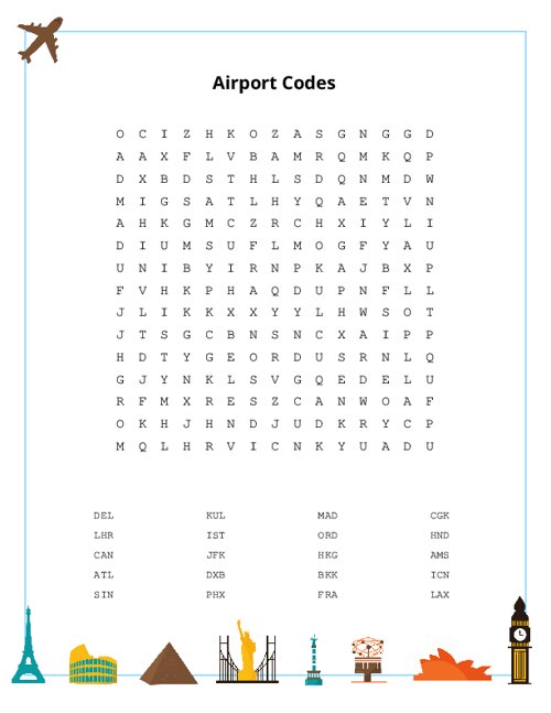 Airport Codes Word Search