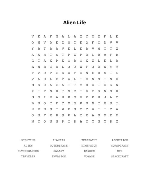 Alien Life Word Search Puzzle