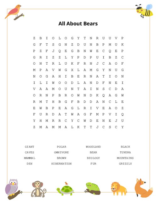 All About Bears Word Search Puzzle
