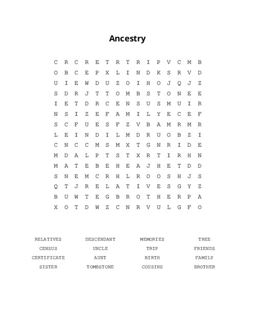 Ancestry Word Search Puzzle