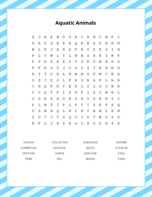 Aquatic Animals Word Search Puzzle