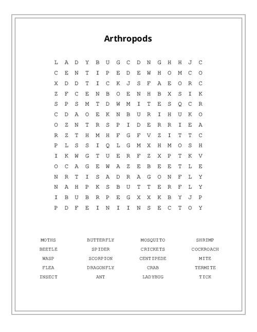 Arthropods Word Search Puzzle