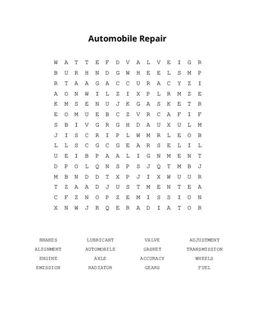 Automobile Repair Word Search Puzzle