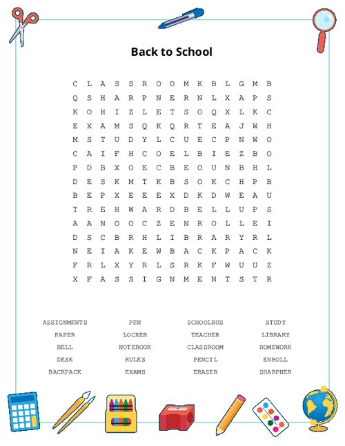 Back to School Word Search Puzzle