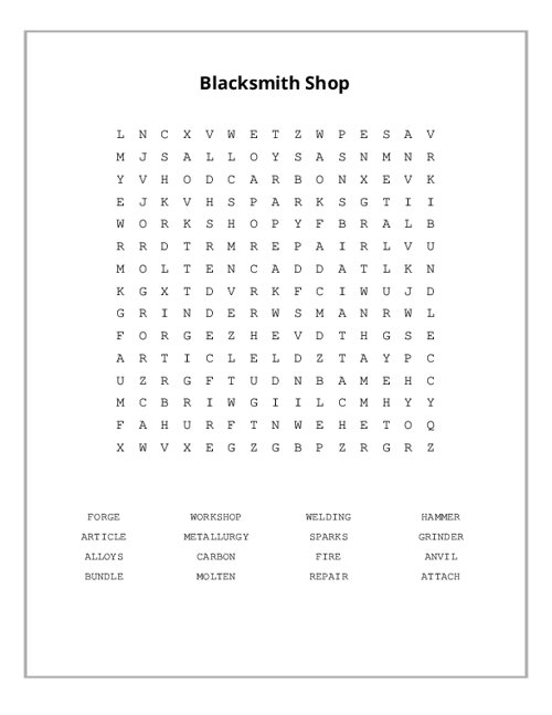 Blacksmith Shop Word Search Puzzle