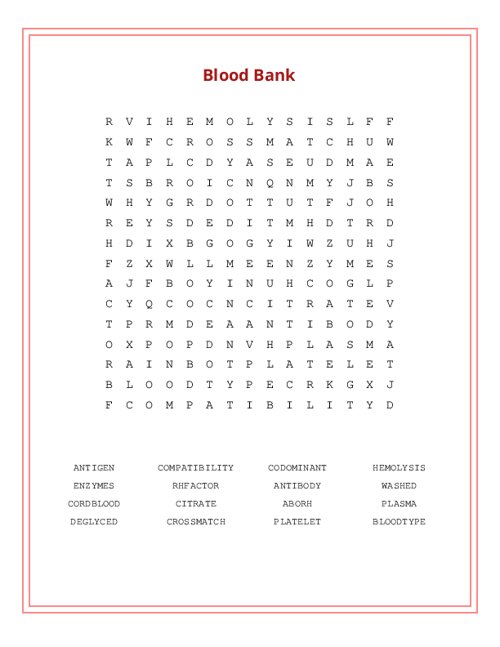 Blood Bank Word Search Puzzle