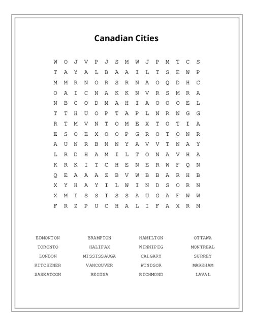 Canadian Cities Word Search Puzzle