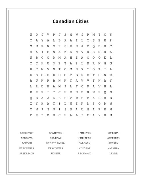 Canadian Cities Word Search