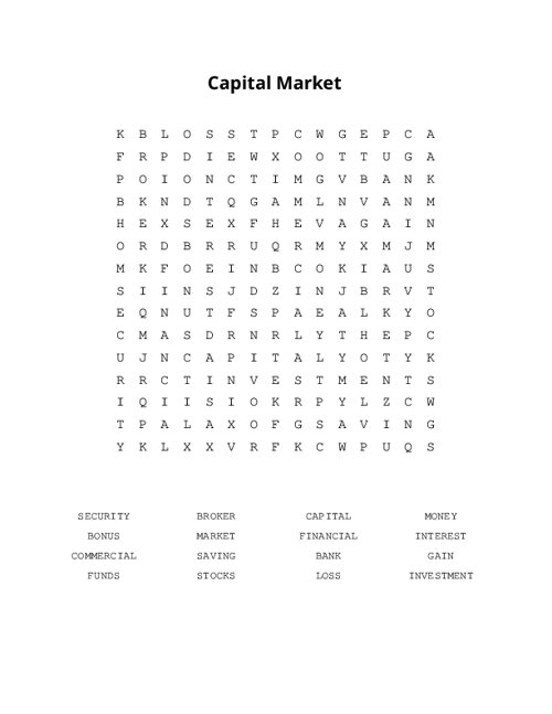 Capital Market Word Search Puzzle