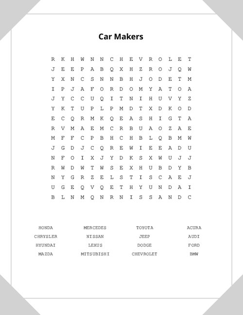 Car Makers Word Search Puzzle