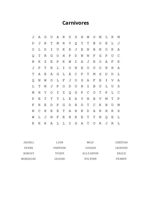 Carnivores Word Search Puzzle