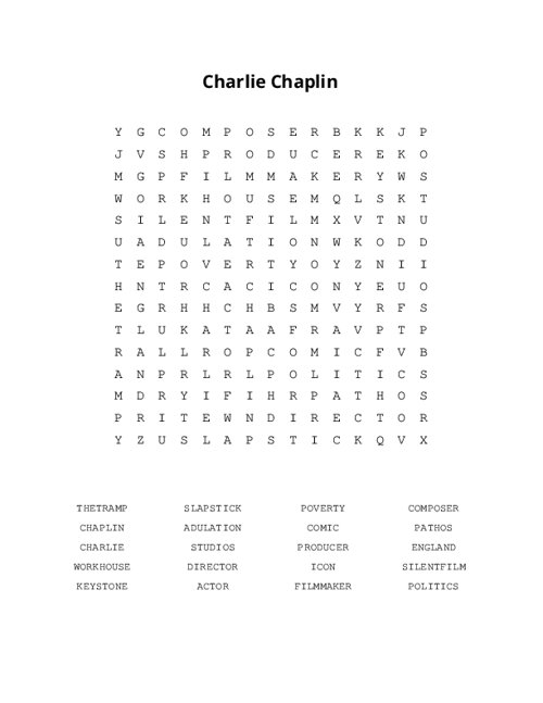 Charlie Chaplin Word Search Puzzle