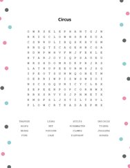 Circus Word Search Puzzle