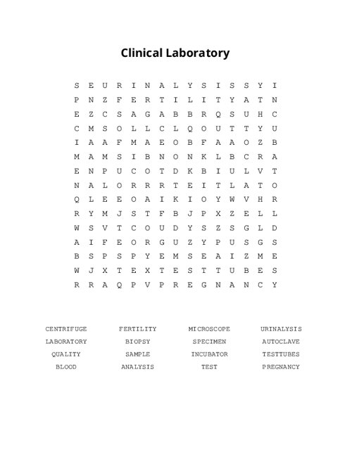 Clinical Laboratory Word Search Puzzle