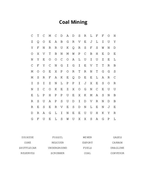 Coal Mining Word Search Puzzle