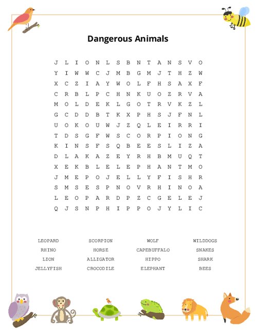 Dangerous Animals Word Search Puzzle