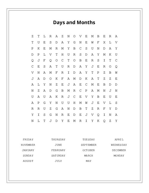 Days and Months Word Search Puzzle