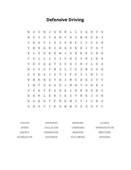 Defensive Driving Word Search Puzzle